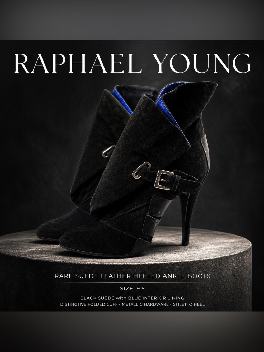 Raphael Young suede black RARE fold over ankle boots sz 9 (39)